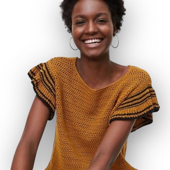 LOFT Loft Ann Taylor Crochet Ruffle Sleeve Top Orange Yellow Blue Women’s Small - Picture 1 of 13